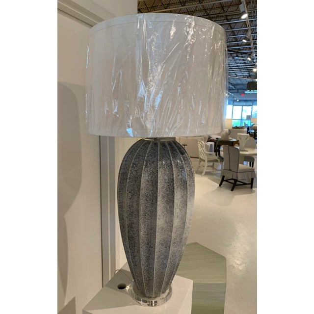 Showroom New. Chelsea House Oversized Gray Ceramic Table Lamp With Ivory Fabric Shade. Ceramic is finished in Gray and Cream.