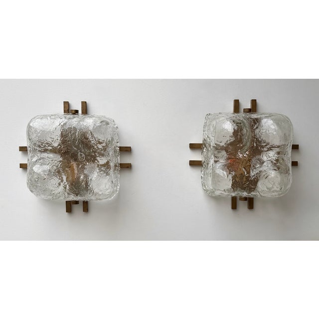 Mid-Century Modern Space Age pair of wall lights lamps lighting sconces blumpy textured Ice murano glass and brass by the...