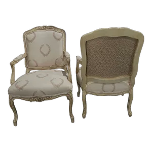 French Louis XV Style Painted UpholsteredArmchairs or Fauteuils -A Pair