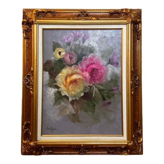 Late 20th Century Peonies on Canvas in a Fancy Gold Frame For Sale