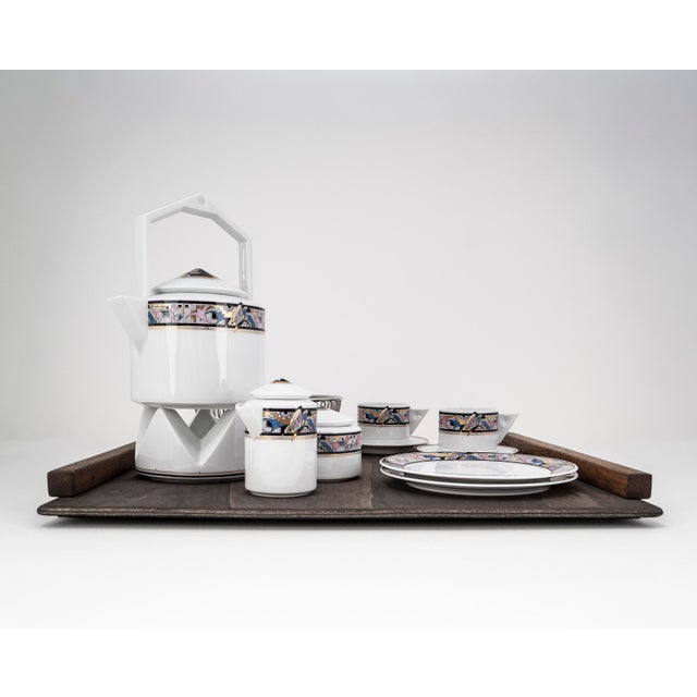 Art Deco Cantana Najade Tête-À-Tête for Two on Wooden Tray from Fürstenberg and Alessi, 1980s, Set of 14 For Sale - Image 4 of 18