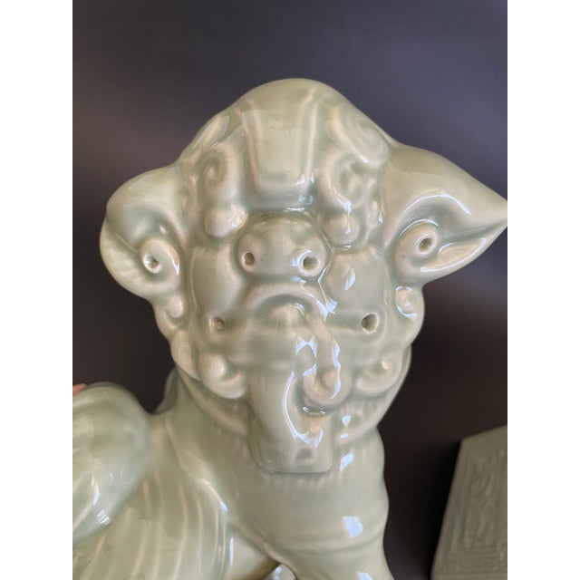 Vintage Glazed Porcelain Chinese Foo Dogs, Pair For Sale - Image 9 of 11
