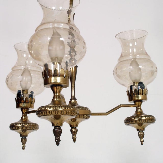 1930s Art Deco Golden Brass and Murano Glass Chandelier with Three Lights, 1930s For Sale - Image 5 of 6