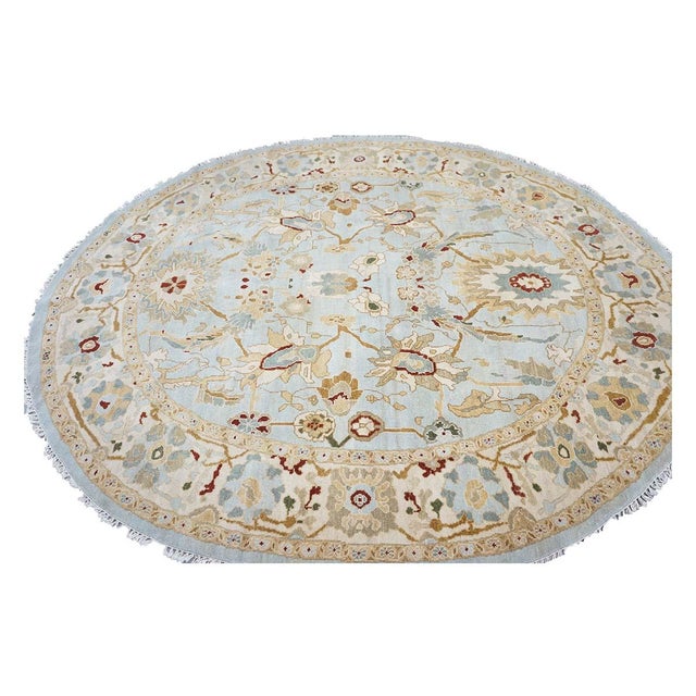 Islamic Afghan Sultanabad Wool 8x10 Light Blue, Ivory & Taupe Handmade Oval Area Rug #9902749 For Sale - Image 3 of 9