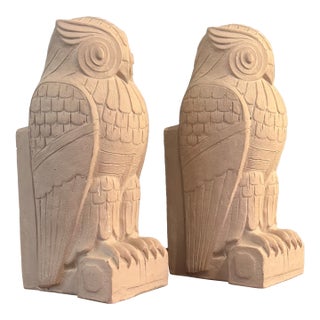 Art Deco Heavy Cast Sandstone Owl Bookends - A Pair For Sale