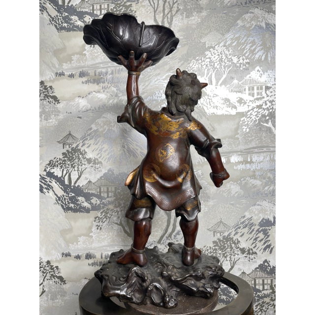 19th Century Japanese Meiji Gilt Bronze Oni With Lotus For Sale - Image 4 of 12