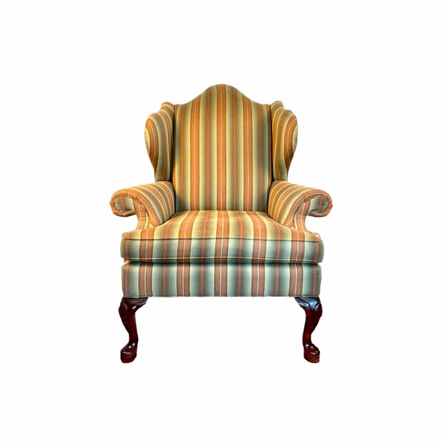 Queen Anne Pair of Vintage Queen Anne Style Wingback Club Chairs With Striped Upholstery For Sale - Image 3 of 7