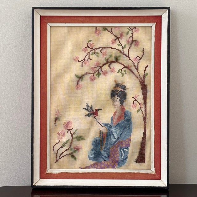 Circa 1950s Japanese-Inspired Cross-Stitch Textile Artwork — Framed For Sale - Image 9 of 18