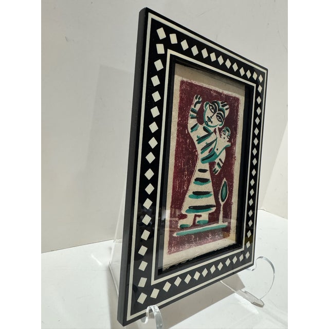 Vintage Indian Folk Art Mother and Child Painting on Paper Framed For Sale - Image 4 of 6