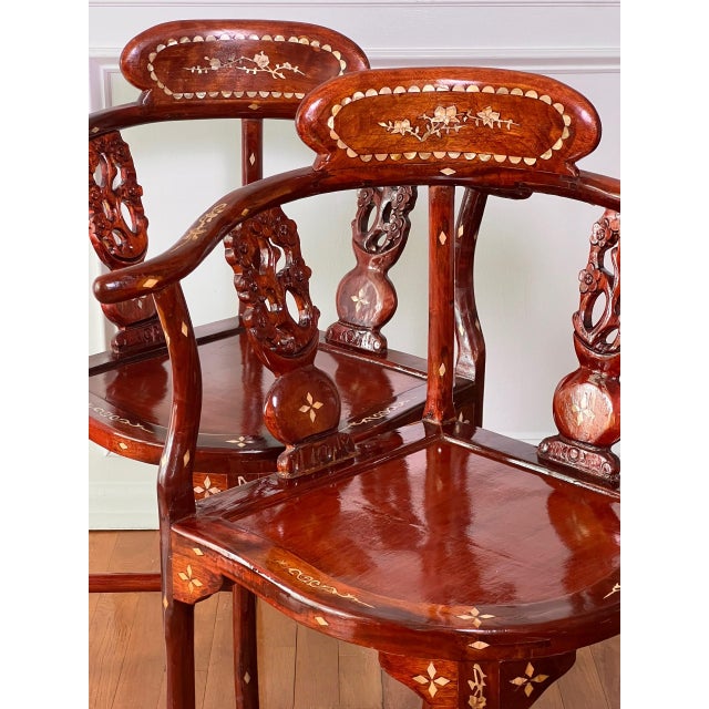 Pair of Chinese Rosewood Corner Chairs With Mother-of-Pearl Inlay, C. 1940 For Sale - Image 13 of 18