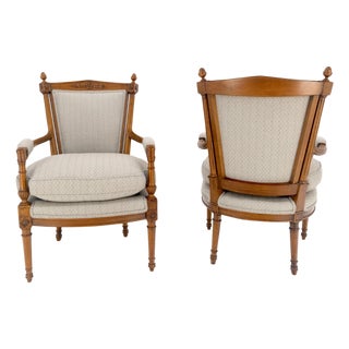 Pair of Directoire Style Acorn Finials Solid Cherry Open Arm Lounge Chairs MINT! For Sale