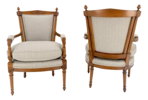 Pair of Directoire Style Acorn Finials Solid Cherry Open Arm Lounge Chairs MINT!