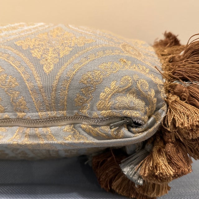 Textile Late 20th Century Mint and Gold Embroidered Bolster Pillow With Tassels For Sale - Image 7 of 9