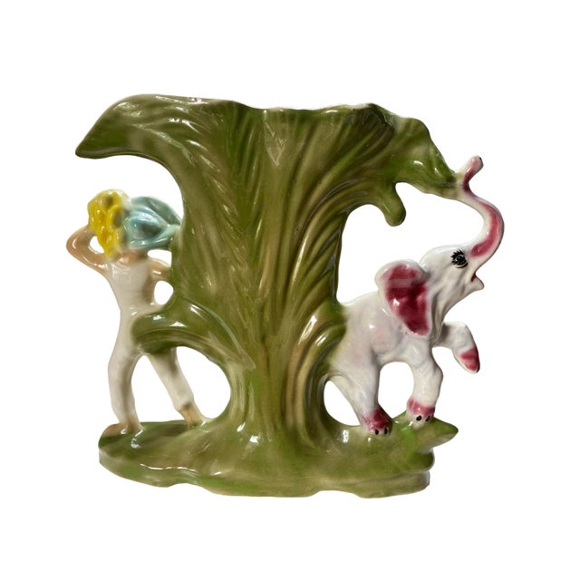 1930s 1930s Polychrome Italian Vase With Palm Trees, Woman With Bananas and Elephant With Upturned Trunk For Sale - Image 5 of 10