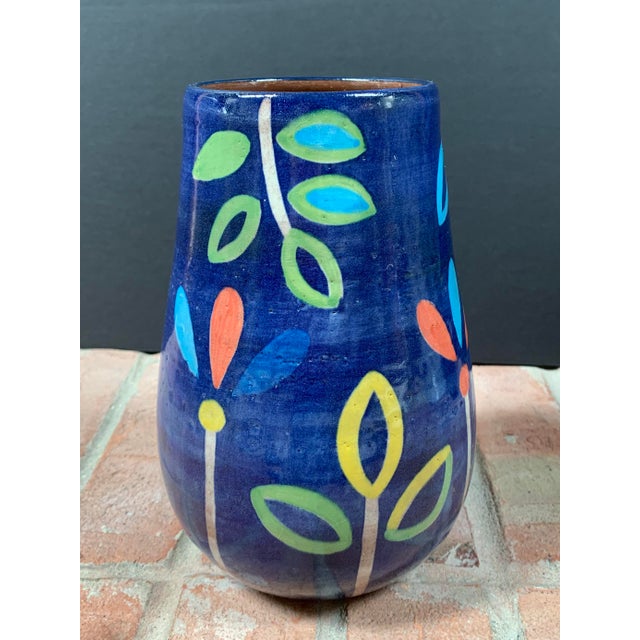 Hand Painted Terra Cotta Blue Vase With Colorful Modern Flowers Chairish