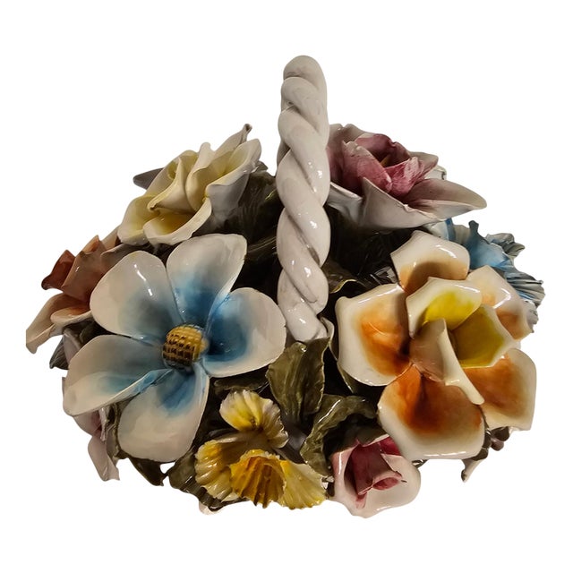 Bassano Ceramic Basket with Flowers, Italy, 1950s For Sale