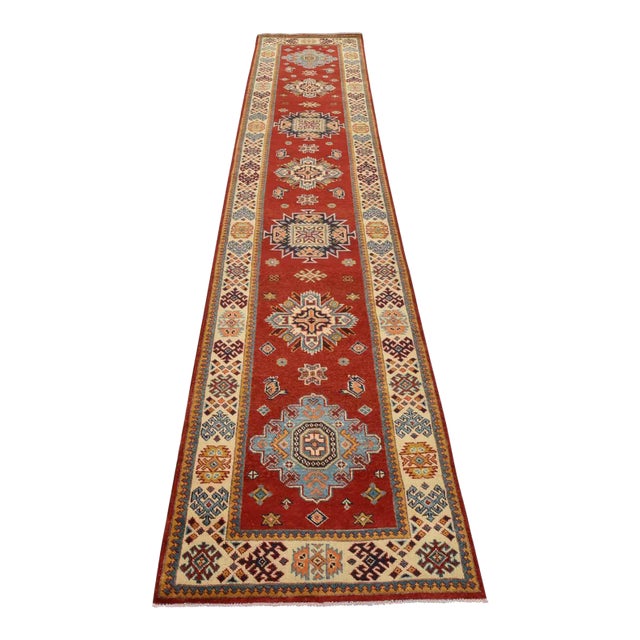 Kazak Runner 2’11” X 13’2” Red Wool Tribal Hand-Knotted Oriental Rug For Sale