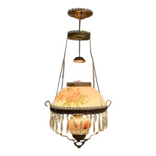 Antique Victorian Floral Painted Glass & Brass Hanging Chandelier With Crystal Prisms For Sale