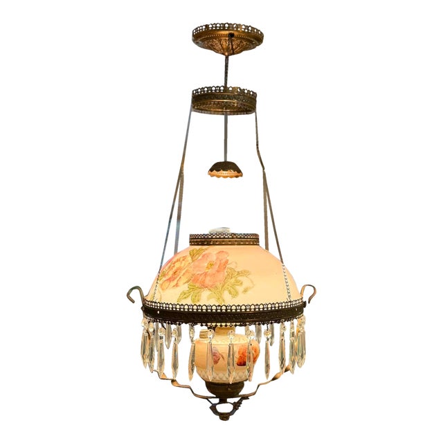 Antique Victorian Floral Painted Glass & Brass Hanging Chandelier With Crystal Prisms For Sale