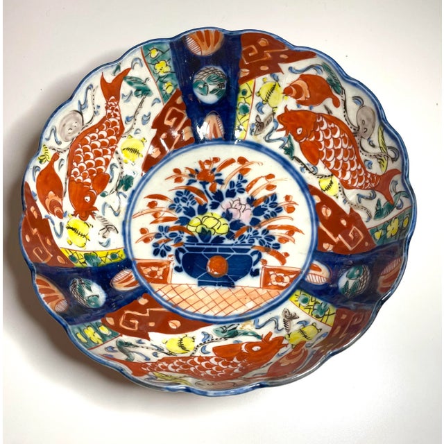 19th Century Meiji Hand Painted Imari Bowl With Koi and Octopus For Sale - Image 4 of 11