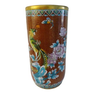 Vintage Large Cloisonné Chinese Botanical Cylinder Vase For Sale