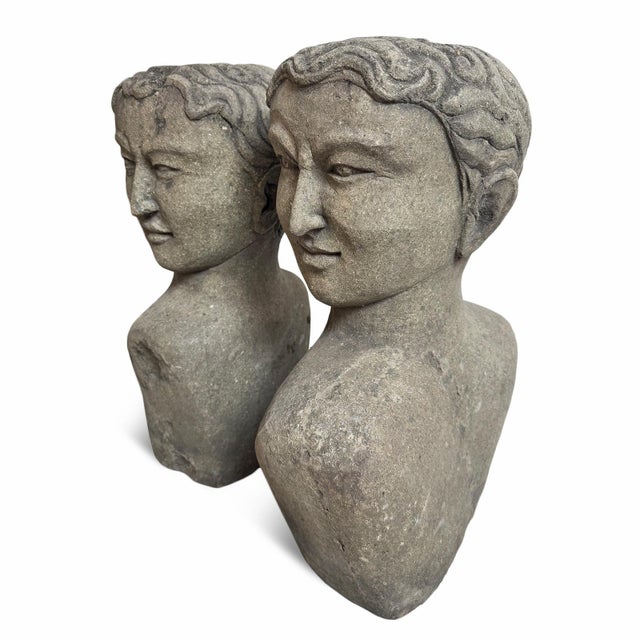 Asian Antique Pair of Vintage Stone Garden Goddess Busts For Sale - Image 3 of 11