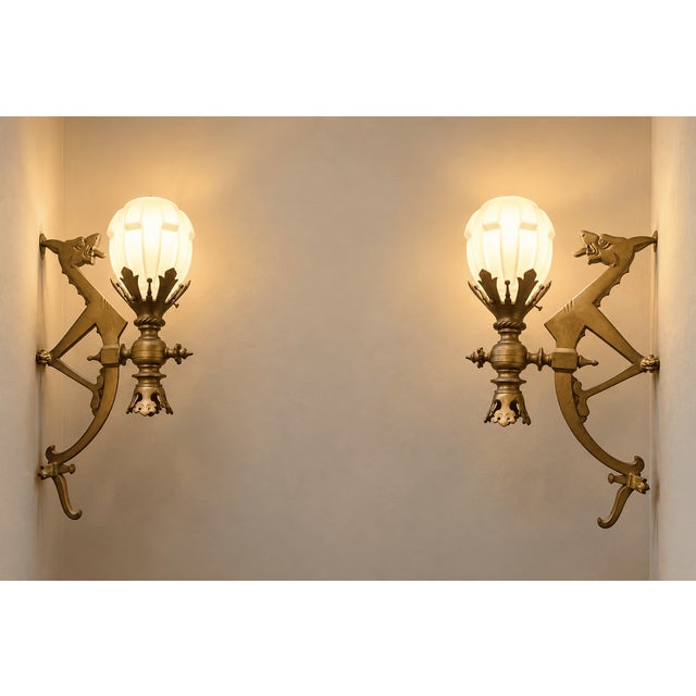 2 x Art Deco Bronze Wall Lights with Shades The wall lights predate the shades. Dragon motifs Height with shade: 43 cm...