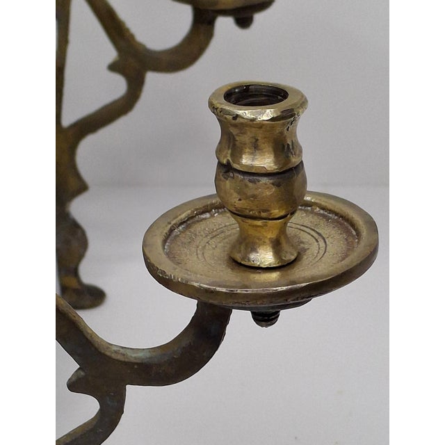 Antique 19th C. Polish Brass Bench Menorah Hanukkah Lamp Lions Birds Openwork For Sale - Image 4 of 18