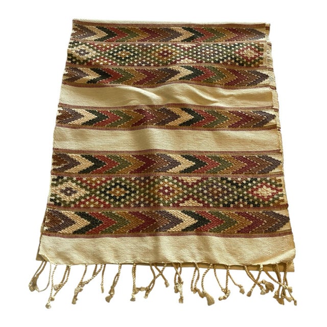 Late 20th Century Vintage Bohemian Woven Table Runner Earth Tones Fringed Southwestern Western For Sale - Image 5 of 9
