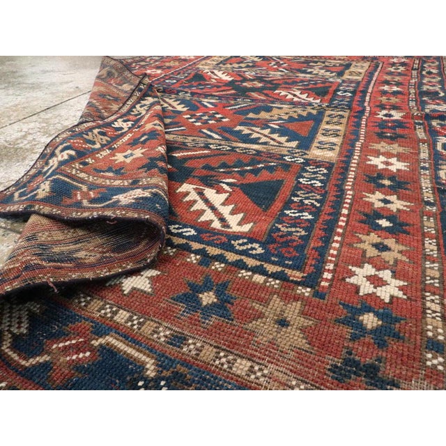 Brick Red Galerie Shabab Collection Distressed Caucasian Rug With a Tribal Design in Rust, Dark Blue, and Cream For Sale - Image 8 of 8