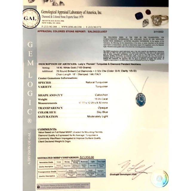 Natural Persian Turquoise Diamond Gold Necklace 15.32 TCW Certified For Sale - Image 9 of 12