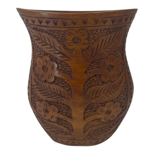 Vintage Hand Carved Wooden Vase For Sale