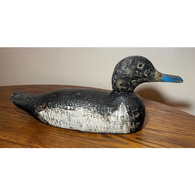 Folk Art Antique 1920s Hand Carved Wood Folk Art Bluebill Drake Duck Decoy Bird Sculpture For Sale - Image 3 of 12