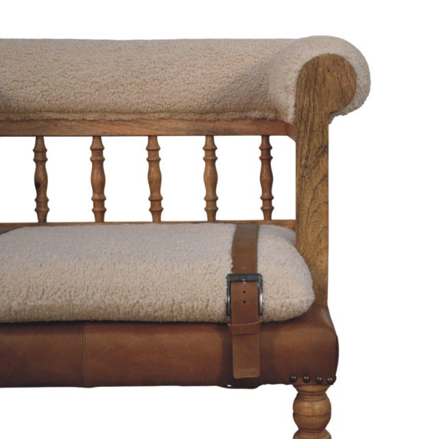 Bouclé and Leather Upholstered Bench With Spindle Back For Sale - Image 4 of 8
