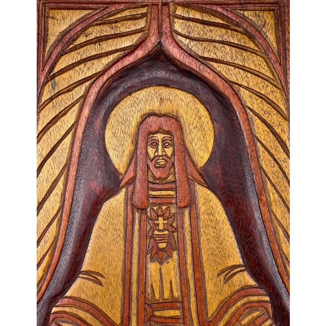 Mid-Century Carved Walnut Religious Jesus Plaque Sculpture - 21" For Sale - Image 6 of 7