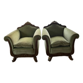 Early 20th Century Austrian Vienna Biedermeier Revival Armchairs in Carved Walnut with Green Velvet – Pair For Sale