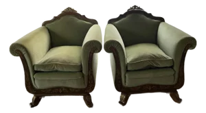 Early 20th Century Austrian Vienna Biedermeier Revival Armchairs in Carved Walnut with Green Velvet – Pair