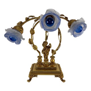 Large Italian Art Nouveau Three-Light Table Lamp in Gilded Bronze and Murano Glass, 1980s For Sale