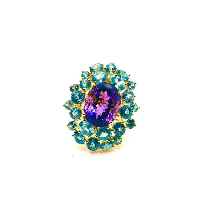 Amethyst Bochic "Orient" Vintage Natural Amethyst & Blue Topaz Ring Set 18K & Silver For Sale - Image 8 of 8