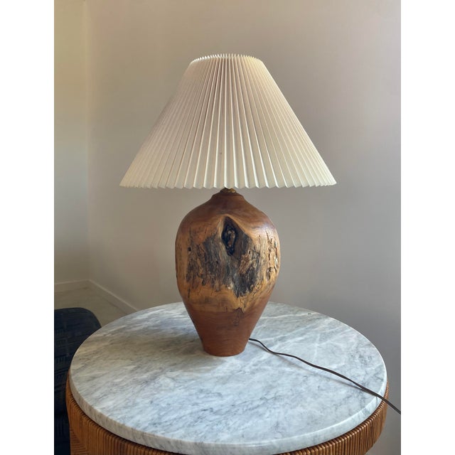 Carved Turned Wood Log Artisan Rustic Lamp + Pleated Shade For Sale - Image 12 of 18