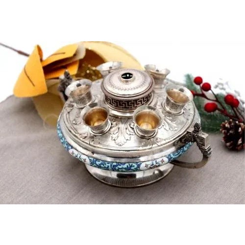 Silver and Porcelain Liqueur Bottle with Glasses, Set of 7 For Sale - Image 3 of 8