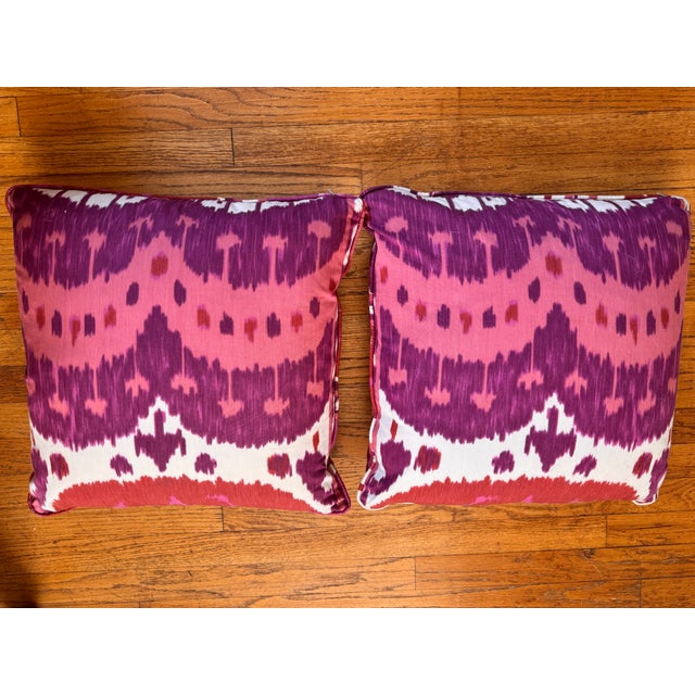 English Schumacher "Samarkand Ikat" Pillows in Ruby For Sale - Image 3 of 5