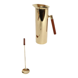 Italian Modern Brass-Plated Steel and Teak Cocktail Pitcher and Stirrer/Spoon