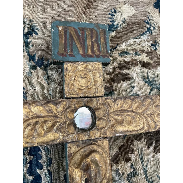 Rustic 19th Century Gilt and Polychrome Crucifix With Portrait of the Virgin Mary For Sale - Image 3 of 10