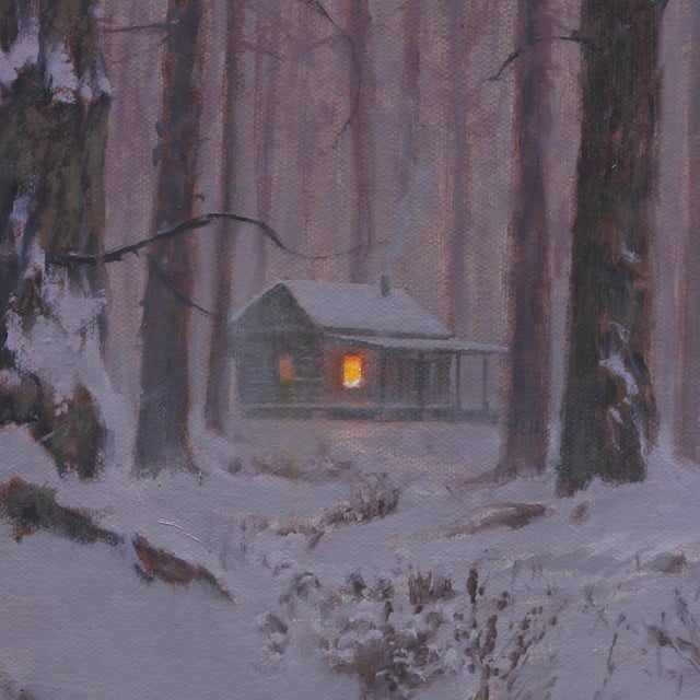 Home Sweet Home by Mark Harrison | Oil on Canvas Winter scene with a cabin in a snowy forest. For Sale - Image 4 of 5