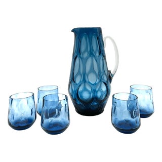 Blue Carafe with Glasses from Empoli, 1960s, Set of 6 For Sale