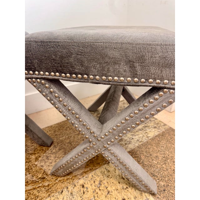 Animal Skin Pair of Early 2000s Faux Crocodile X-Base Benches With Nailhead Trim For Sale - Image 7 of 10