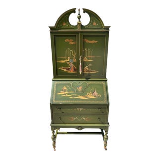 Mid 20th Century Chippendale Hand Painted Chinoiserie Drop Front Secretary Desk For Sale