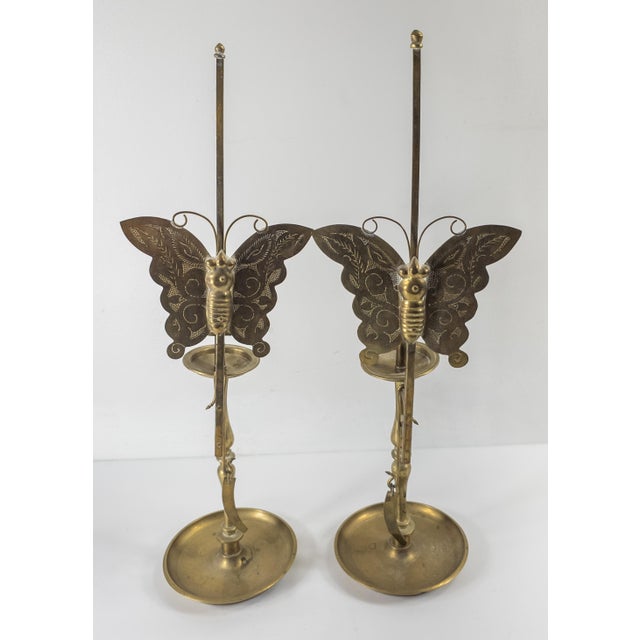 20th Century Pair of Korean Brass Candlestick Holders With Butterflies or Moths For Sale - Image 4 of 11