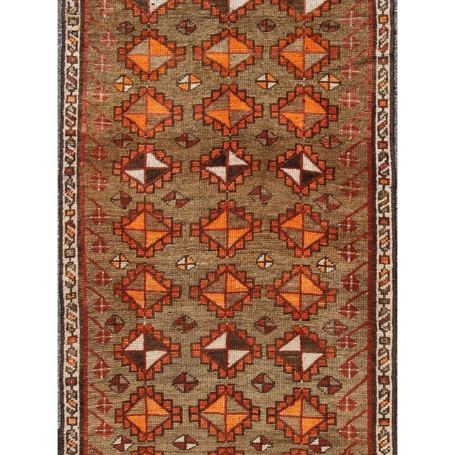 Tribal Antique Turkish Tribal Runner in Diamond Design and Geometrics in Green, Rust For Sale - Image 3 of 7
